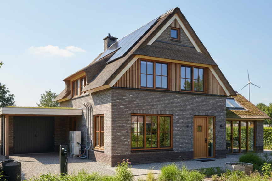 Render woning 3-2 Two-story brick home with a steep pitched roof, solar panels, large front windows, and a wooden entry door; attached garage to the left.