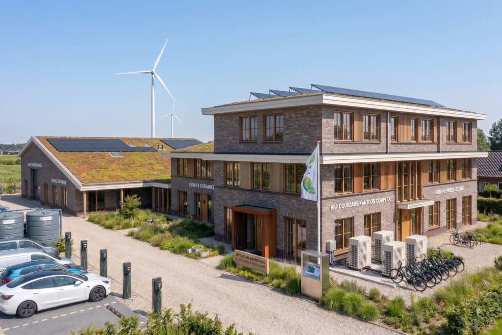 render duurzaam bedrijfspand 3-2 Duurzaam bedrijfspand met zonnepanelen en windmolens op de achtergrond